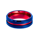 8mm - Royal Blue & Red Groove Tungsten Wedding Band Beveled Edges