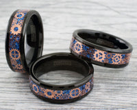 8-mm Tungsten Ring Rose Gold Steampunk Clockwork Gears On Dazzling Royal Blue Faux Carbon Fiber Inlay.