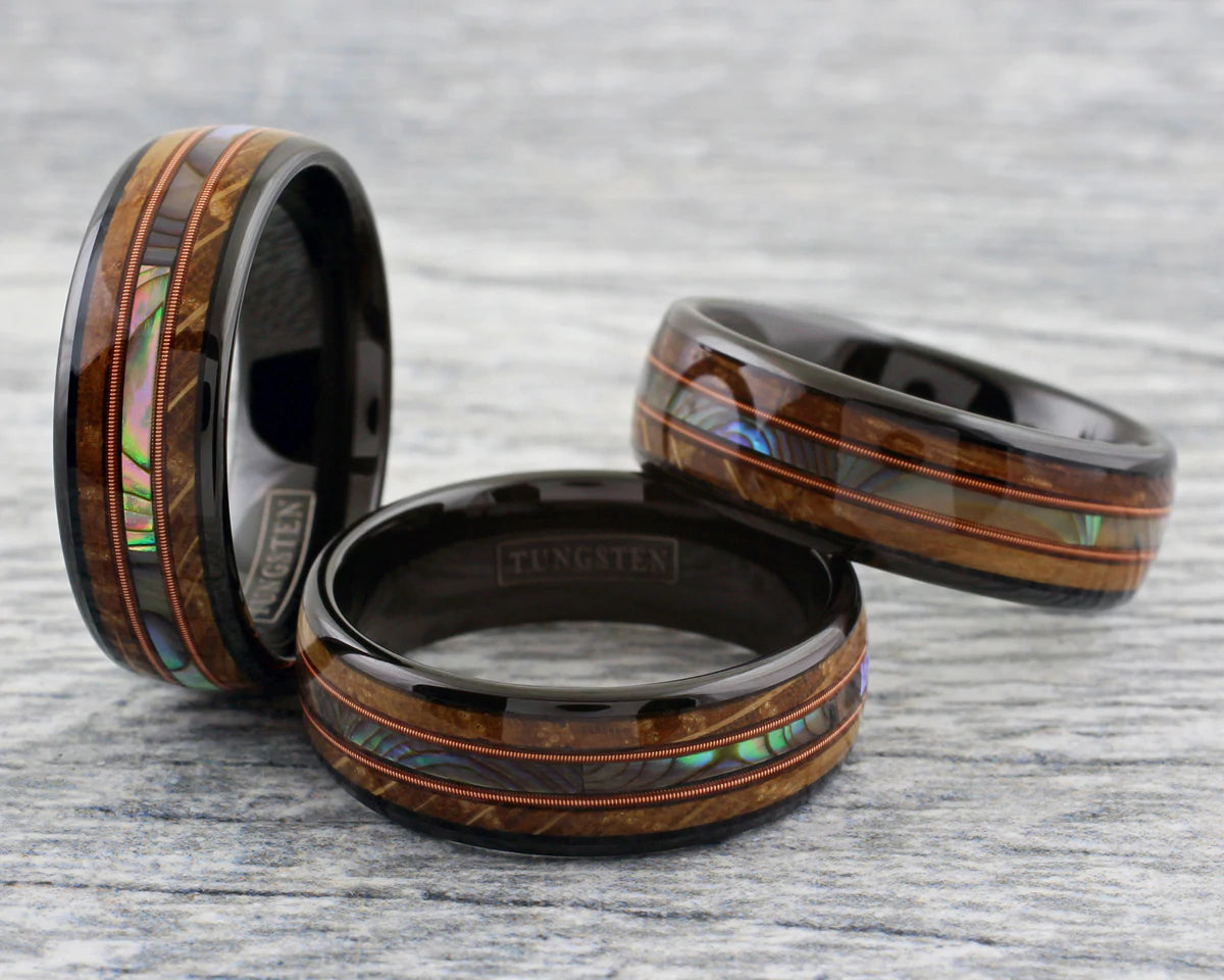 8mm - Black Tungsten Whiskey Double Barrel Wood Ring, W/ ABALONE INLAY BETWEEN TWO GENUINE GUITAR STRINGS