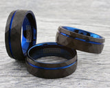 Black Tungsten Band Matte Hammered Finish Blue Off Center Groove - 8mm