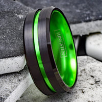 8MM - BLACK GREEN TUNGSTEN CARBIDE RING - GROOVED BEVELED EDGES - WEDDING BAND