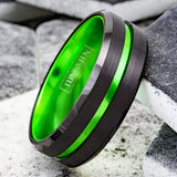 8MM - BLACK GREEN TUNGSTEN CARBIDE RING - GROOVED BEVELED EDGES - WEDDING BAND