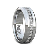 8mm - Tungsten Carbide Wedding Band Fully Stacked Cubic Zircon Beveled Edge Comfort Fit