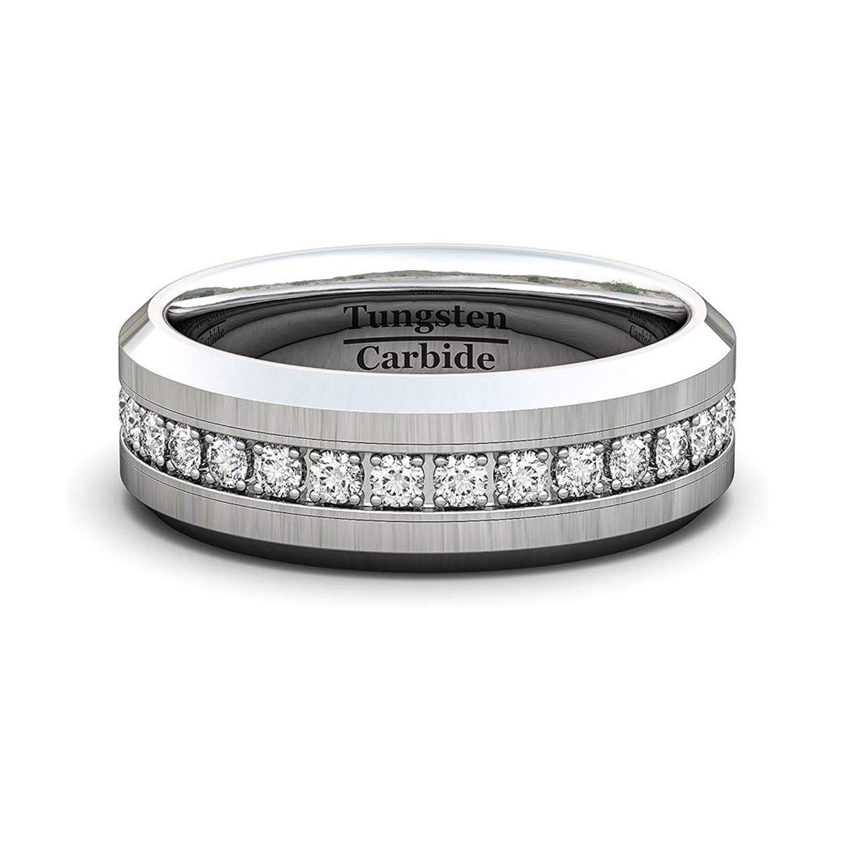 8mm - Tungsten Carbide Wedding Band Fully Stacked Cubic Zircon Beveled Edge Comfort Fit