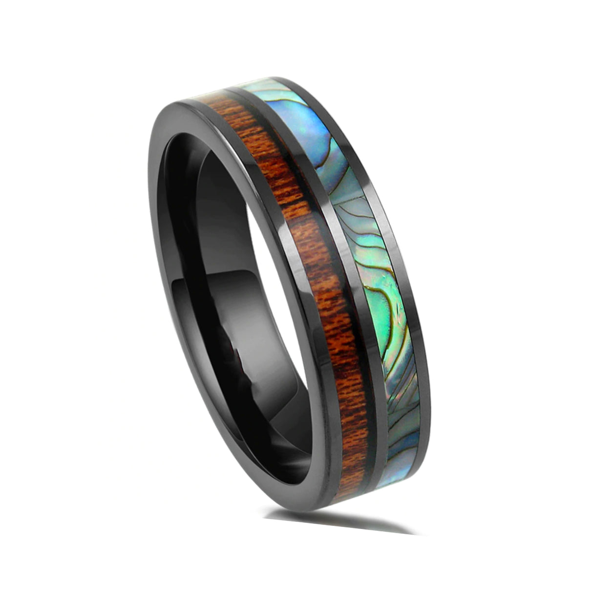 6MMmm - Black Tungsten Whiskey Barrel Wood Ring, W/ ABALONE INLAY RING