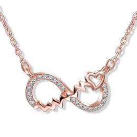 Infinity Heart Beat necklaces 18k Rose Gold w/ CZ Diamonds Pure 925 Silver.