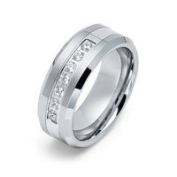 8mm - Silver Tungsten Wedding Band W/ 7 CZ Diamond Inlay High Polish
