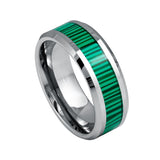 8mm - Tungsten Carbide Ring W/ Faux Malachite Inlay Beveled Edges Wedding Band