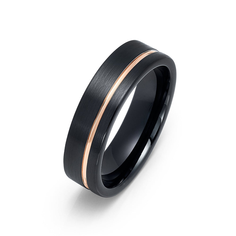 6mm Black Tungsten Wedding Band with Rose Gold Off Center Groove