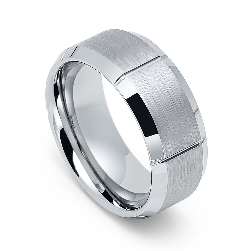 9mm Silver Tungsten Carbide Wedding Ring W/ Vertical Grooves