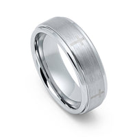 7mm - Mens Tungsten Wedding Band,Silver Brush Tungsten Ring,  Christian Cross Ring