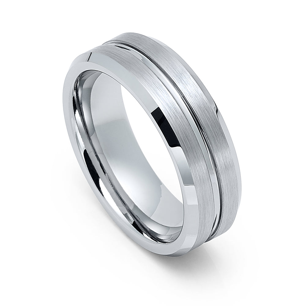 7mm - Mens Tungsten Wedding Band, Silver Grooved Center, Beveled Edges,