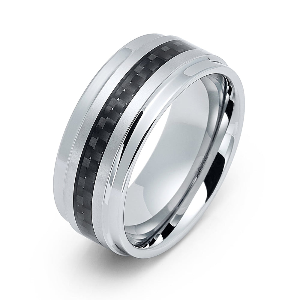 9mm Silver Tungsten Carbide wedding band W/ Black Carbon Fiber Ring