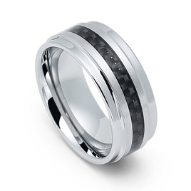 9mm Silver Tungsten Carbide wedding band W/ Black Carbon Fiber Ring
