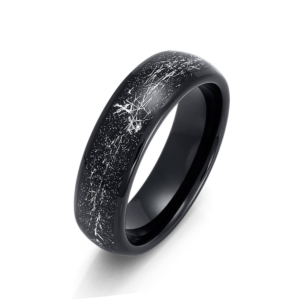 6mm Mens Black Tungsten Carbide Ring W/ Meteorite Inlay Domed Ring
