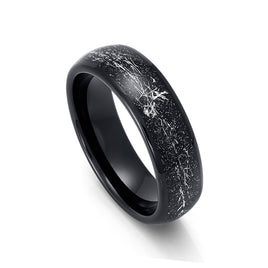 6mm Mens Black Tungsten Carbide Ring W/ Meteorite Inlay Domed Ring