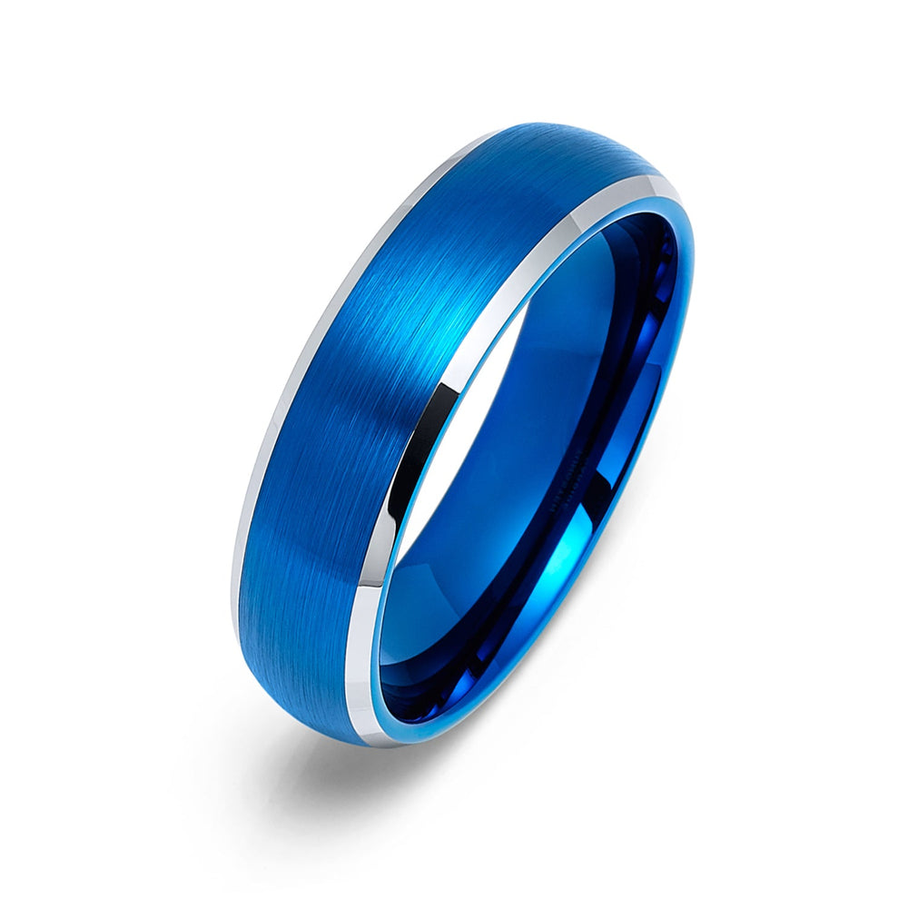 6mm Blue Brushed Dome Tungsten Wedding Band with Polished Edges