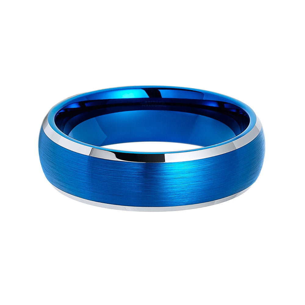6mm Blue Brushed Dome Tungsten Wedding Band with Polished Edges