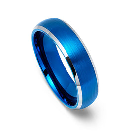 6mm Blue Brushed Dome Tungsten Wedding Band with Polished Edges