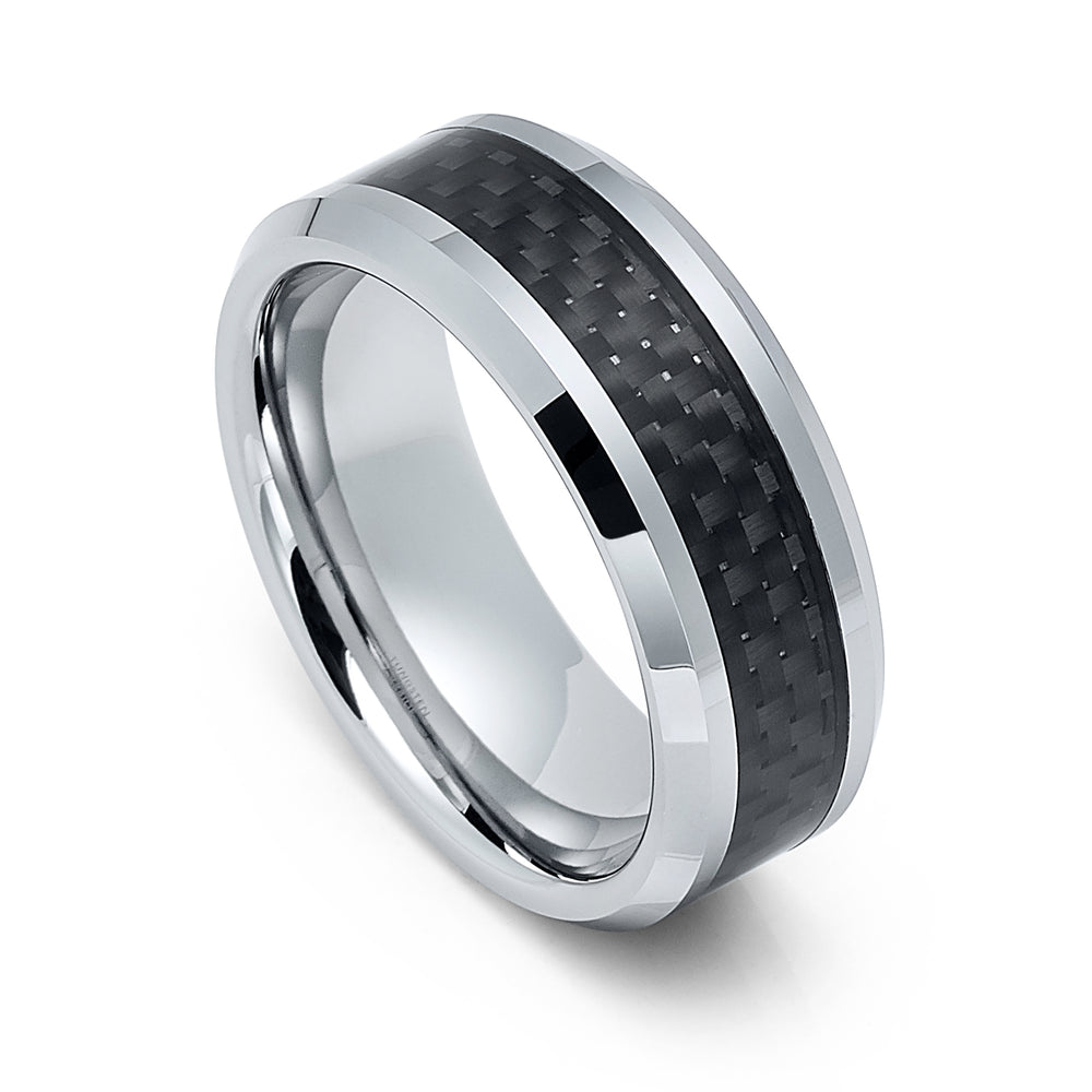 8mm - Silver Tungsten Wedding Band Black Carbon Fiber Inlay Ring