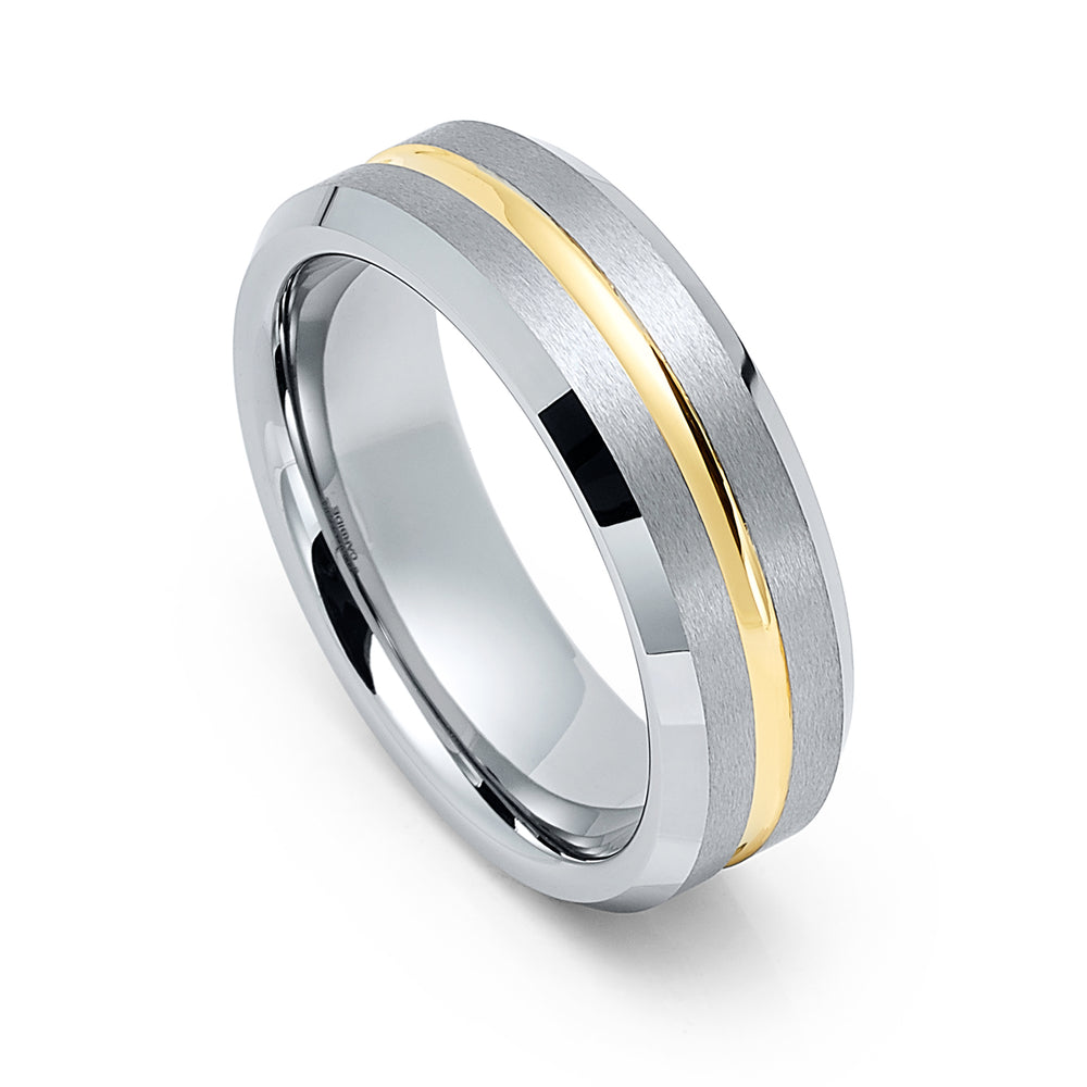 Silver Tungsten Carbide Wedding Ring with Single Grooved Gold Satin Center, 7mm