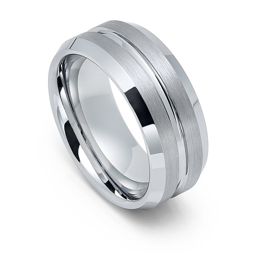 9mm - Tungsten Wedding Band, Grooved Brushed Center, Beveled Edges,