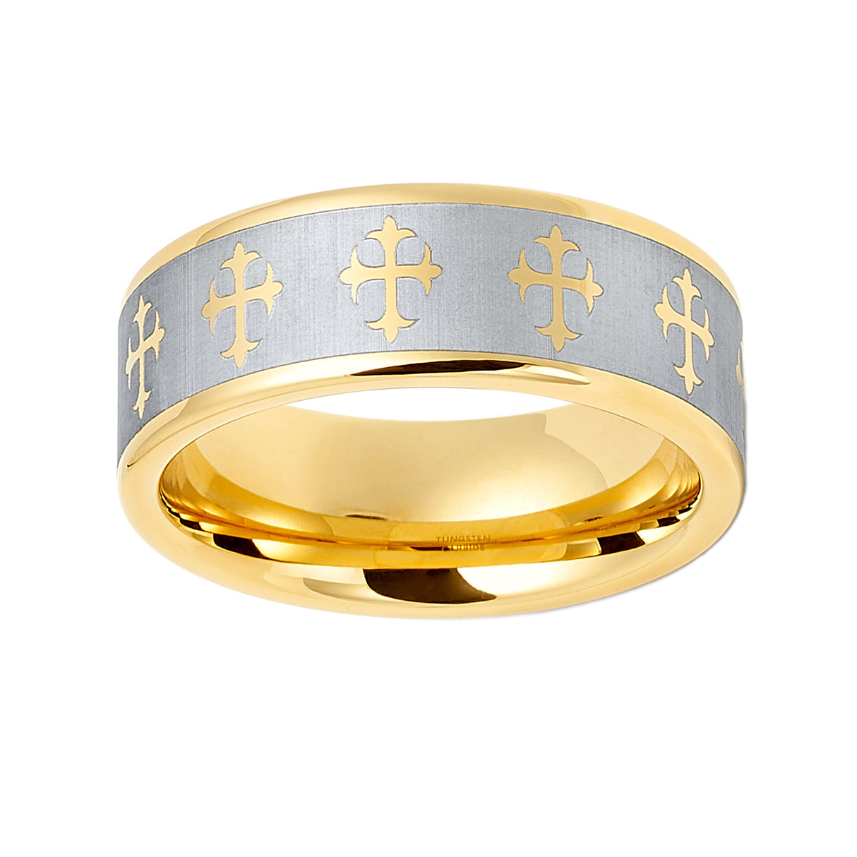 8mm - Gold Tungsten Wedding Ring, Gold Cross Ring, Brushed Center,