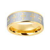 8mm - Gold Tungsten Wedding Ring, Gold Cross Ring, Brushed Center,