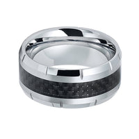 10mm Silver Tungsten Carbide wedding band W/ Black Carbon Fiber Ring