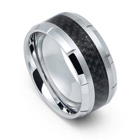 10mm Silver Tungsten Carbide wedding band W/ Black Carbon Fiber Ring