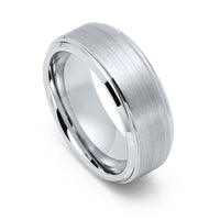 8mm - Silver Tungsten wedding Ring, Brushed Finish Stepped Edges,