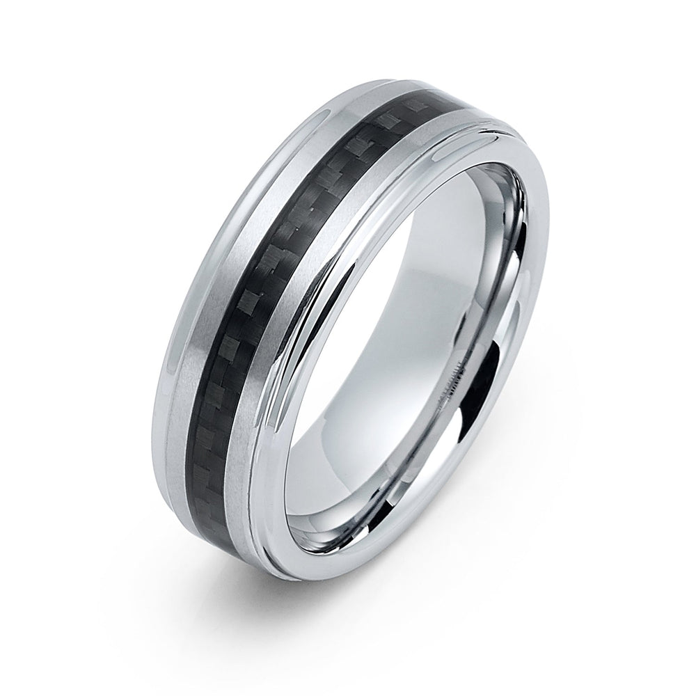7mm Silver Tungsten Carbide wedding band W/ Black Carbon Fiber Ring