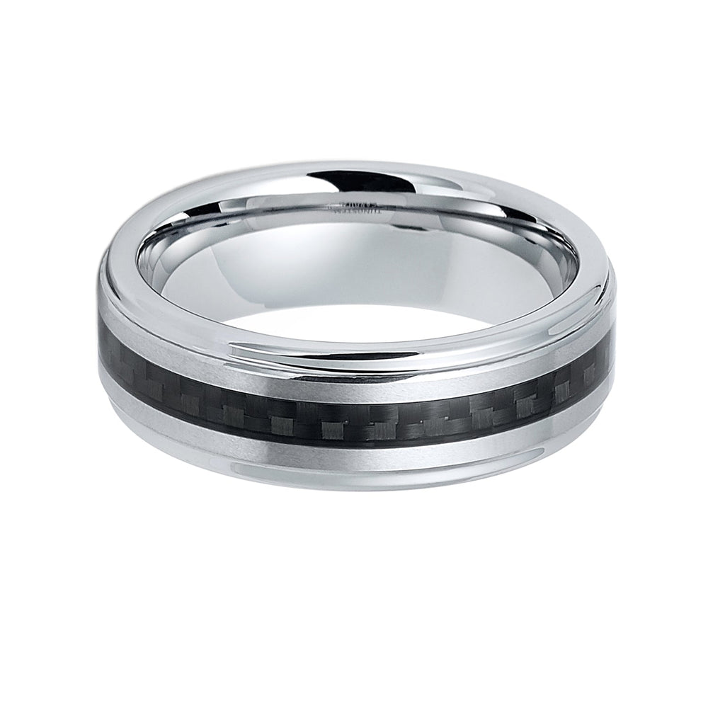 7mm Silver Tungsten Carbide wedding band W/ Black Carbon Fiber Ring
