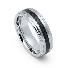 7mm Silver Tungsten Carbide wedding band W/ Black Carbon Fiber Ring