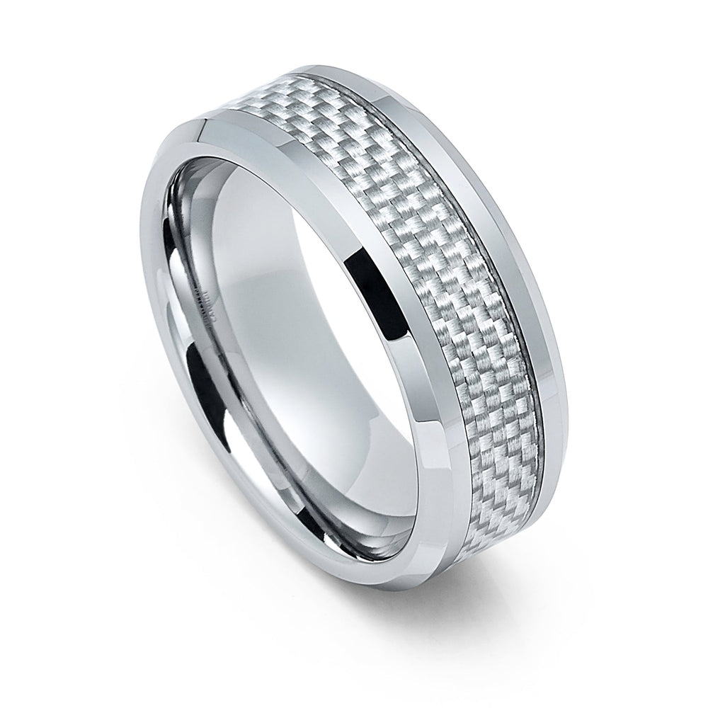 8mm Silver Tungsten Carbide wedding band W/ Gray Carbon Fiber Inlay Ring
