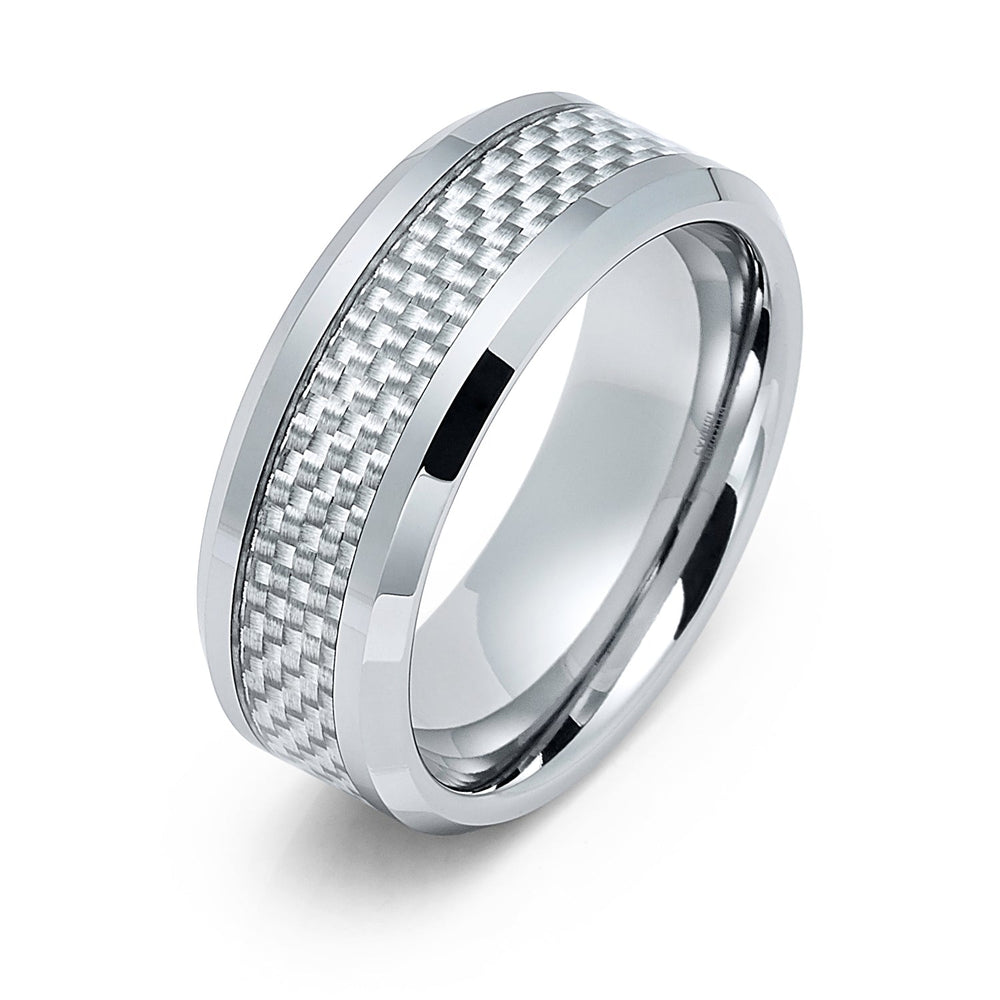 8mm Silver Tungsten Carbide wedding band W/ Gray Carbon Fiber Inlay Ring