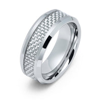 8mm Silver Tungsten Carbide wedding band W/ Gray Carbon Fiber Inlay Ring
