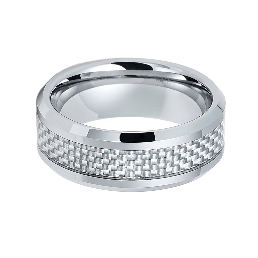 8mm Silver Tungsten Carbide wedding band W/ Gray Carbon Fiber Inlay Ring