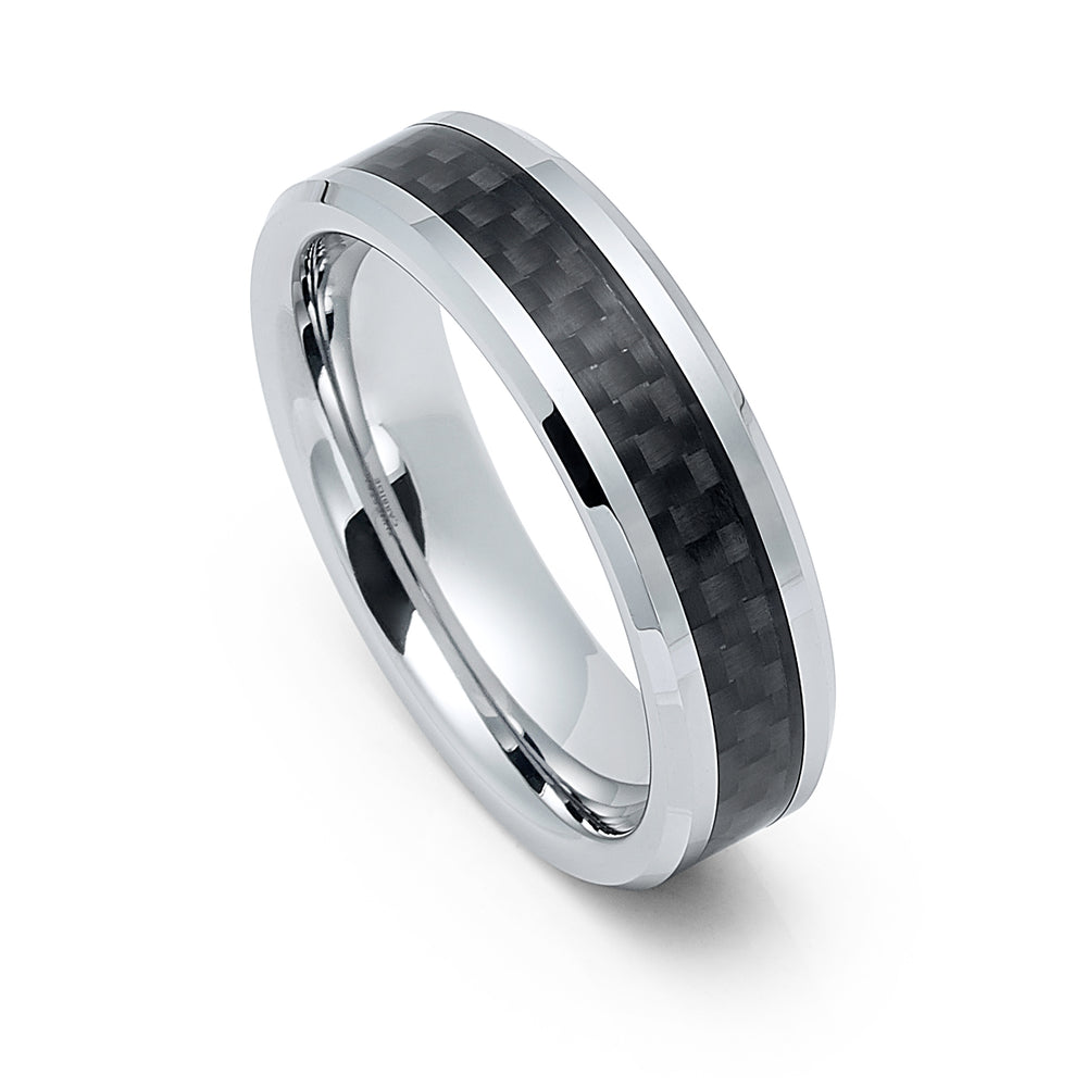 6mm - Silver Tungsten Wedding Band Black Carbon Fiber Inlay Ring