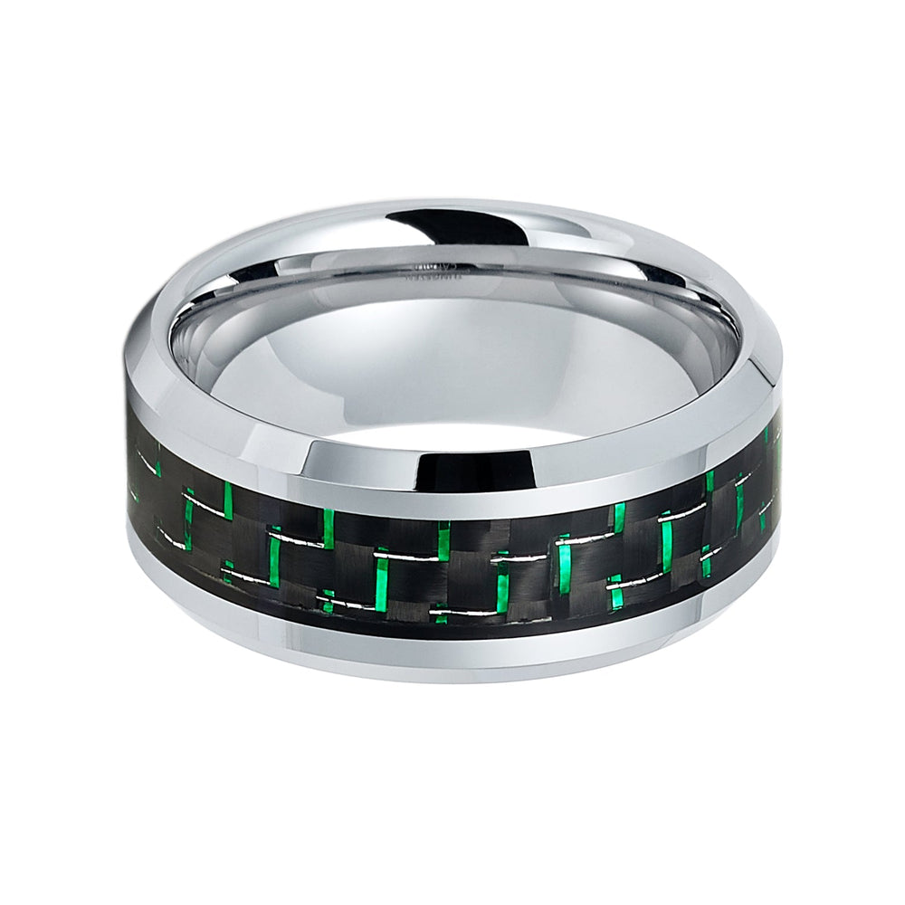 9mm Silver Tungsten Carbide wedding band W/ Green Carbon Fiber Ring