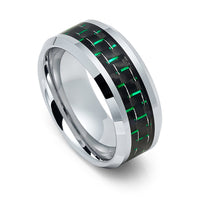 9mm Silver Tungsten Carbide wedding band W/ Green Carbon Fiber Ring