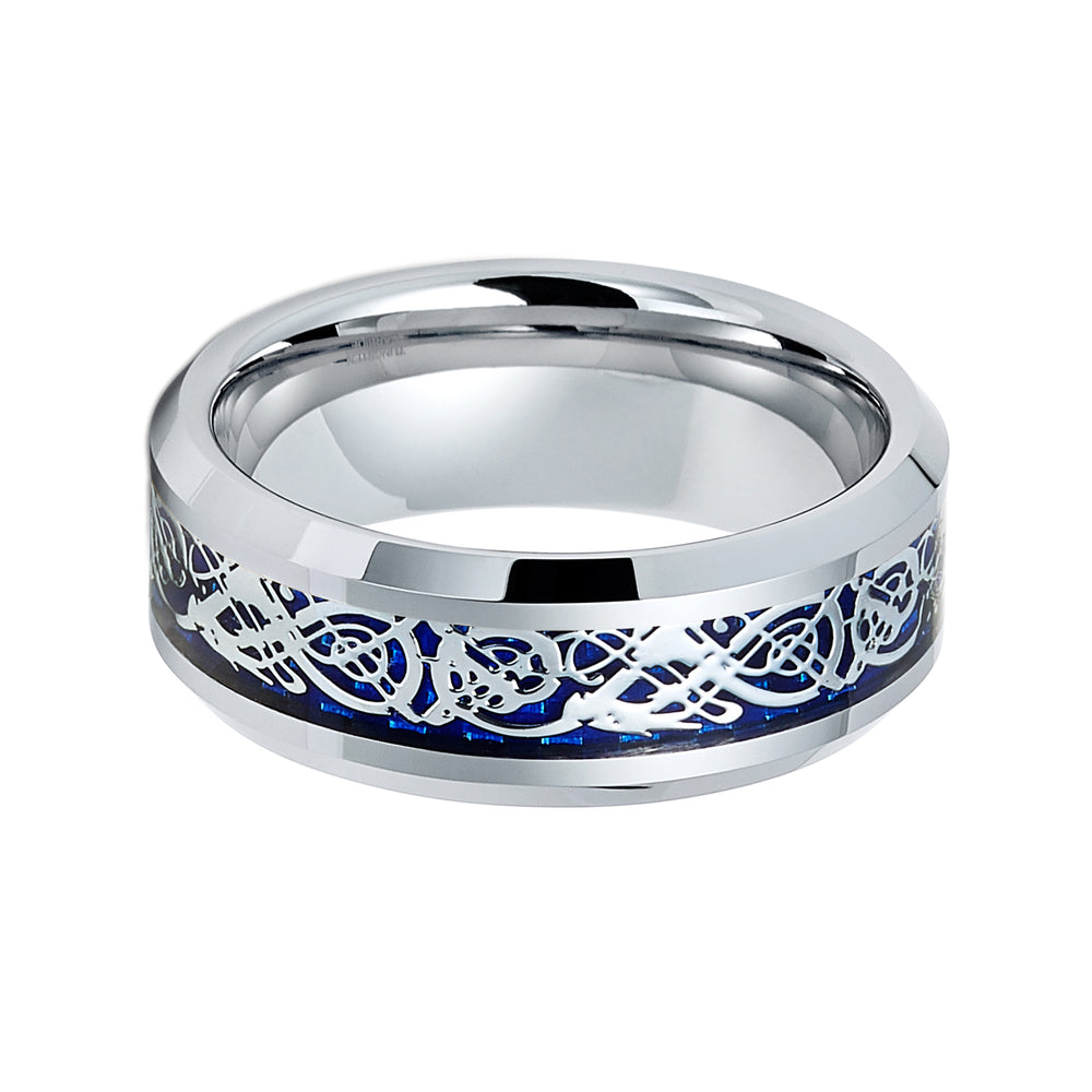 Tungsten Carbide Wedding Band with Blue Celtic Dragon Inlay, 8mm