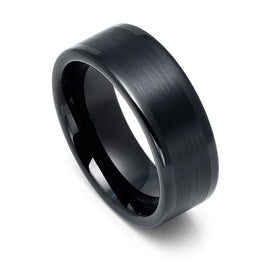 8mm - Black Tungsten Wedding Band, Pipe Cut Brushed Center Finish