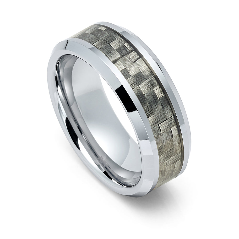 8mm Mens Silver Tungsten Carbide Wedding Band W/ Gunmetal Carbon Fiber Ring