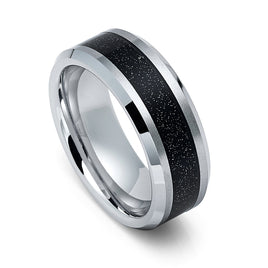 8mm Silver Tungsten Carbide wedding band W/ Black Sandstone Carbon Fiber Ring