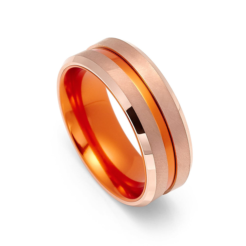 8mm -  Orange & Rose Gold Tungsten Wedding Band Orange Groove Beveled Edges