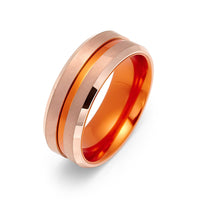 8mm -  Orange & Rose Gold Tungsten Wedding Band Orange Groove Beveled Edges