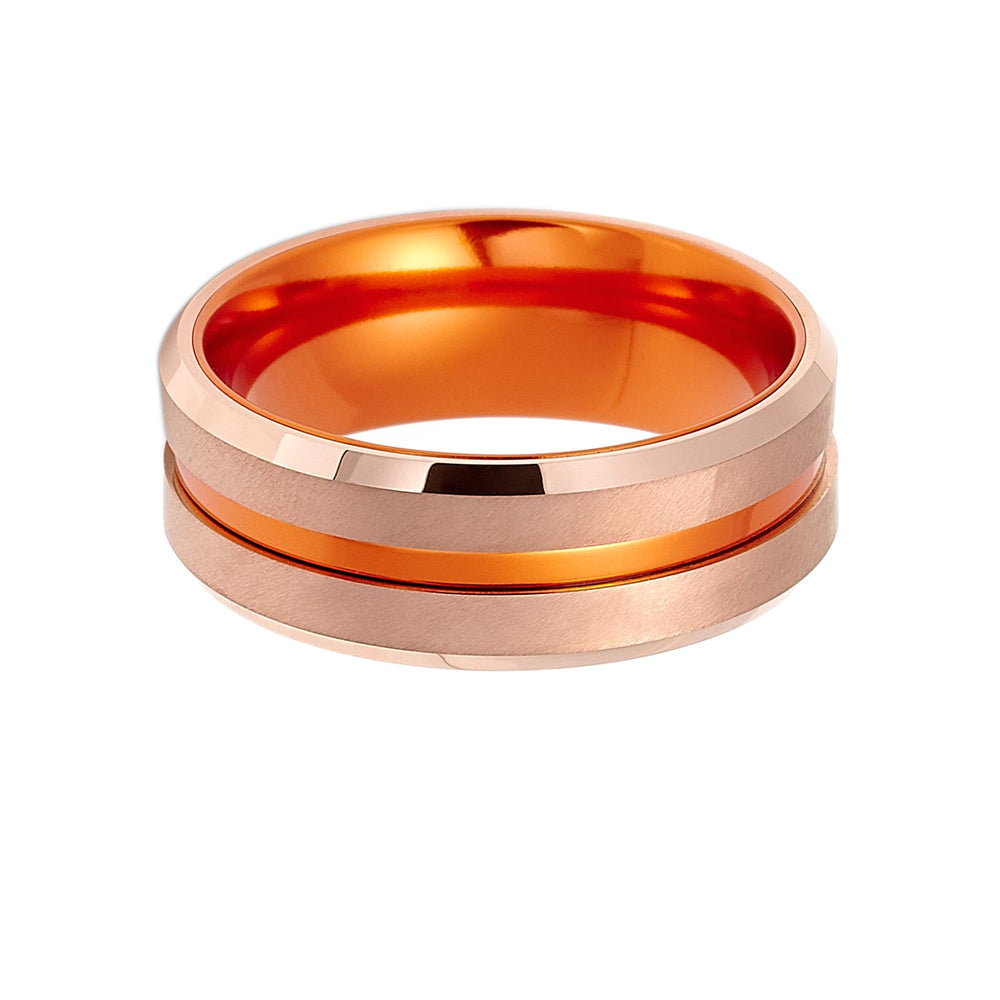 8mm -  Orange & Rose Gold Tungsten Wedding Band Orange Groove Beveled Edges