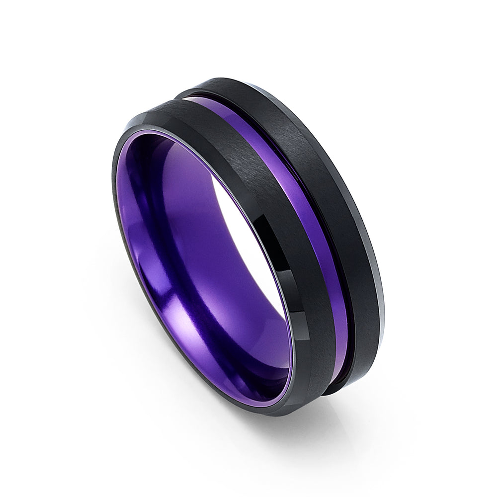 8mm - Black & Purple Tungsten Ring Matte Finish Beveled Edges Wedding Band Purple Inlay