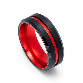 8mm - Black & Red Brush Matte Finish Tungsten Carbide Ring Beveled Edge Red Inlay Wedding Band